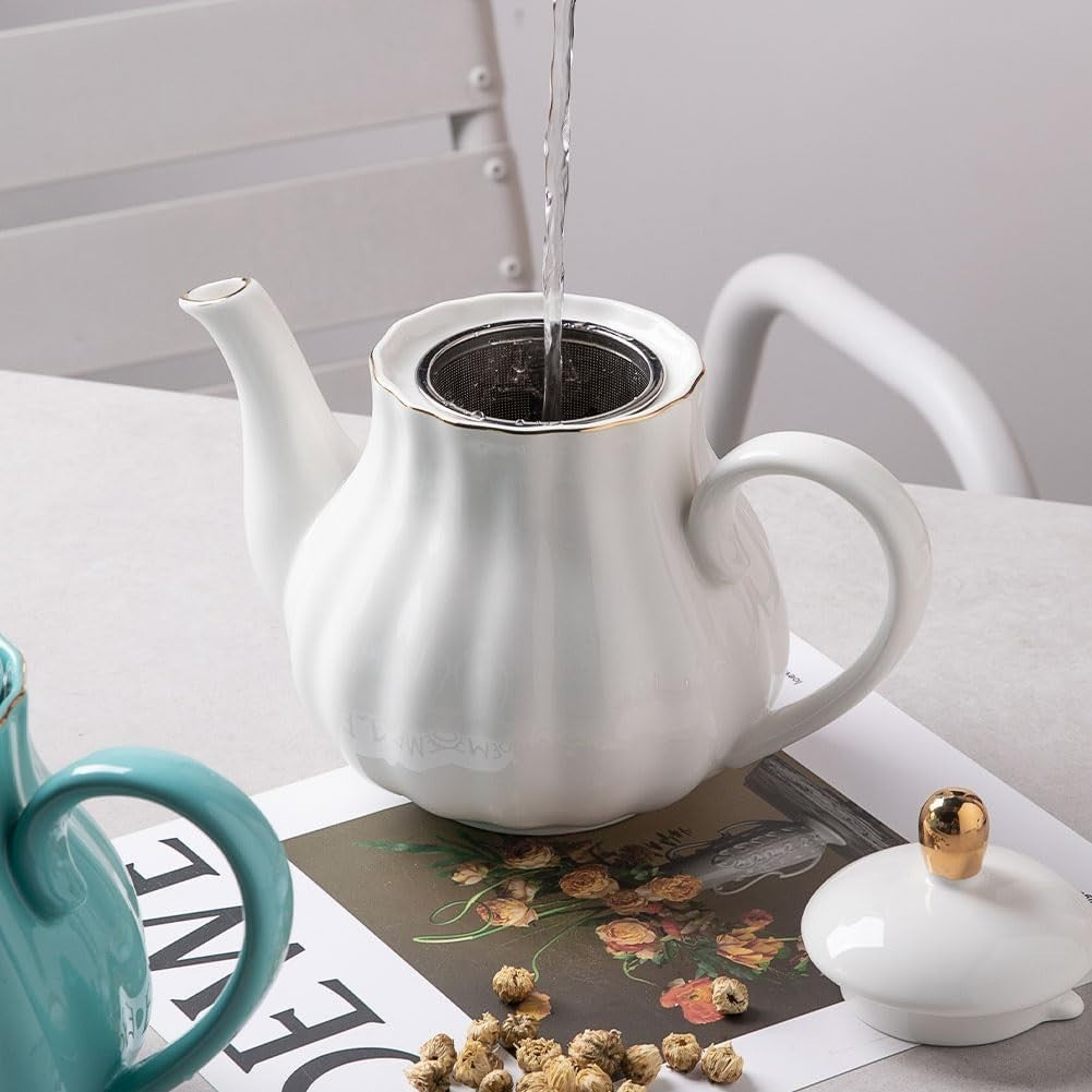 Ceramic Teapot 1100ml White Tea Pot w/ Stainless Infuser 5-6 Cups