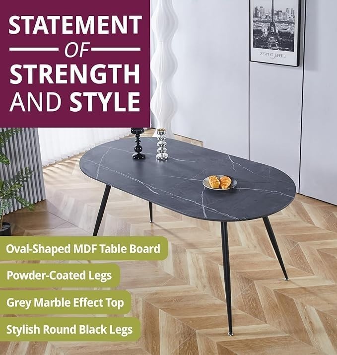 6 Seater Grey Marble Oval Dining Table Set with Curved Fabric Chairs