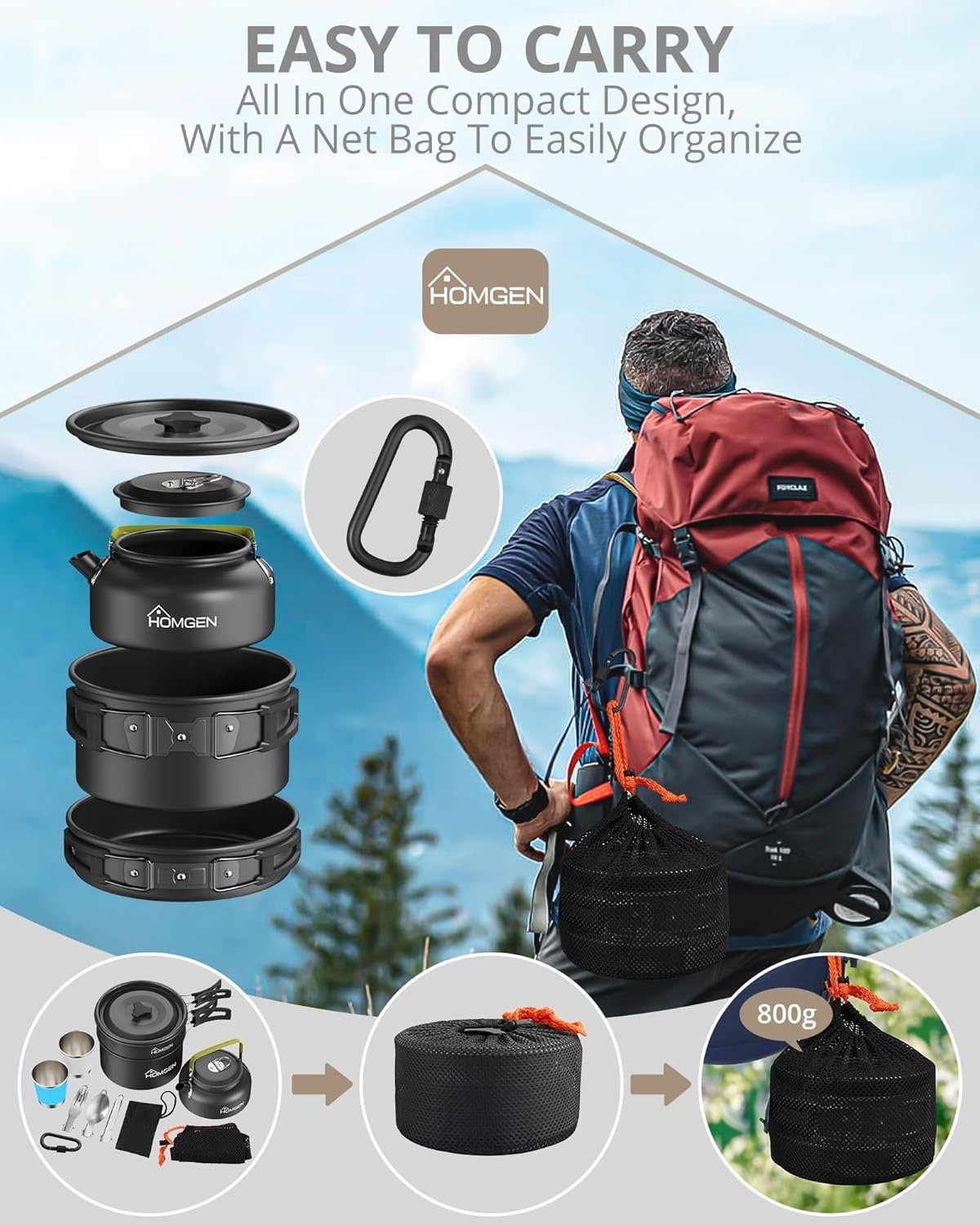 Black Camping Cookware Set with Pot Frying Pan, Kettle & Utensils for 2–3 People