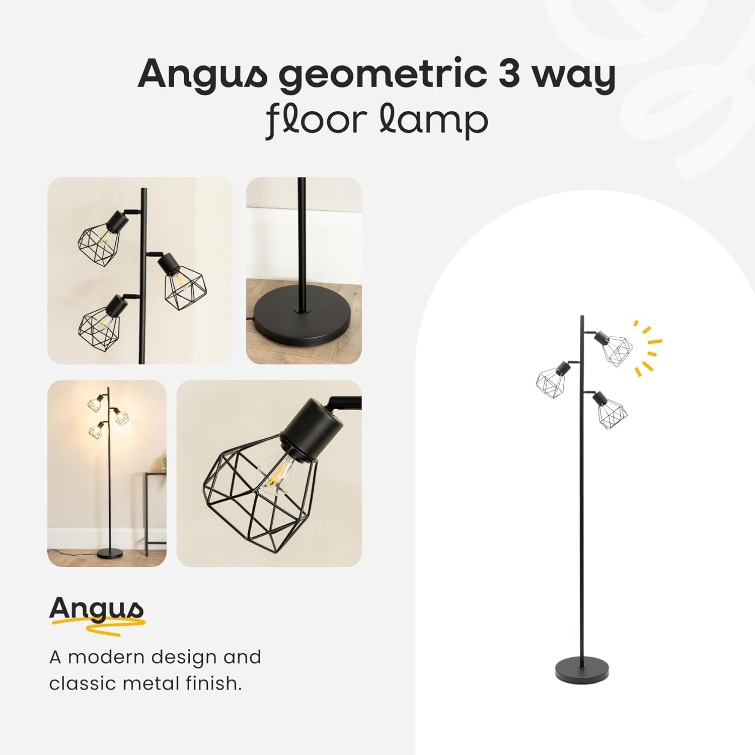 3 Arm Industrial Floor Lamp Matt Black Metal Cage Shades Tall Standing