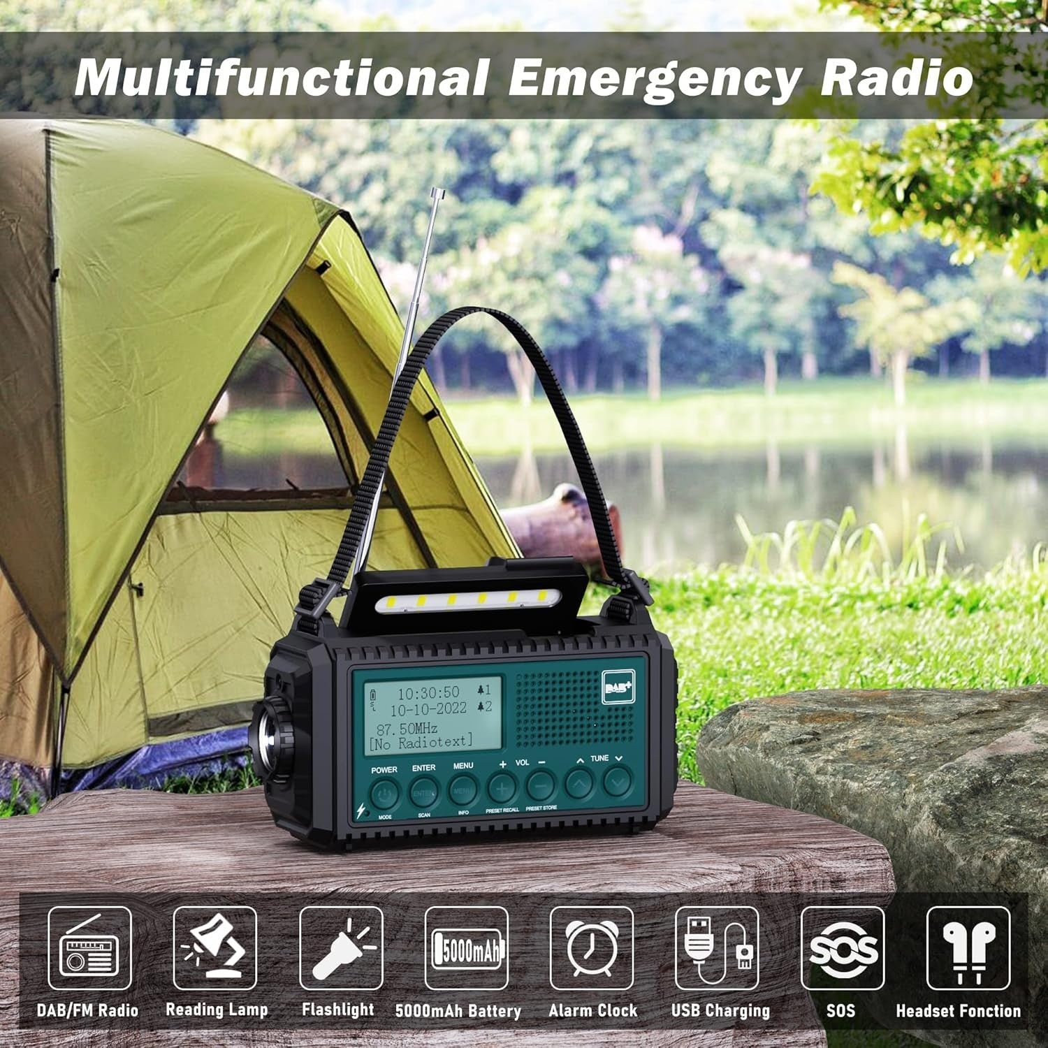 DAB+ FM Emergency Radio Solar Hand Crank 5000mAh Power Bank