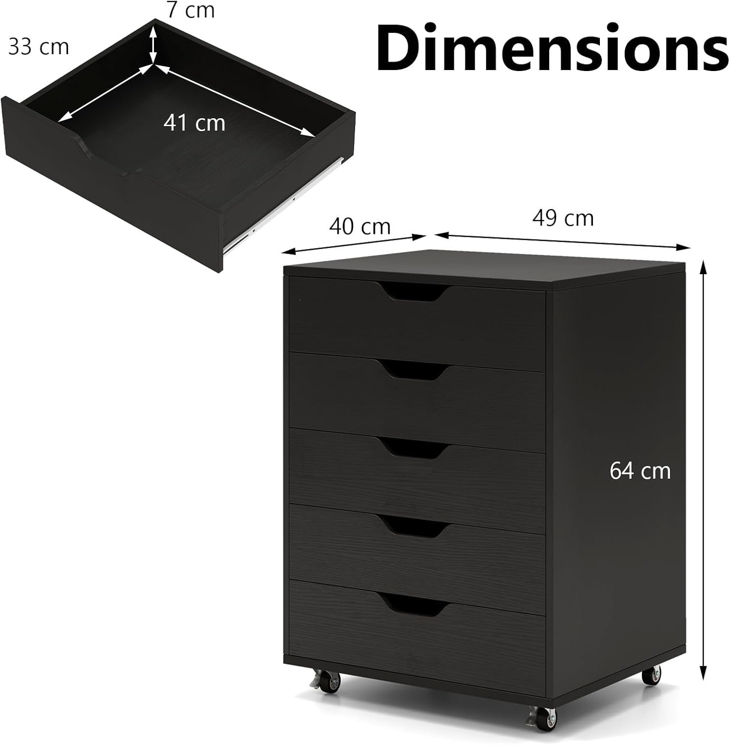 Black Mobile 5 Drawer File Cabinet Rolling Under Desk Office Storage