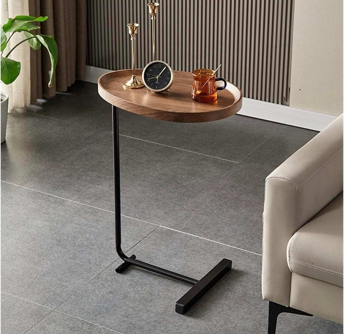 C-Shaped Sofa Side Table Wooden Top Black Metal Frame Compact 40x30x65cm
