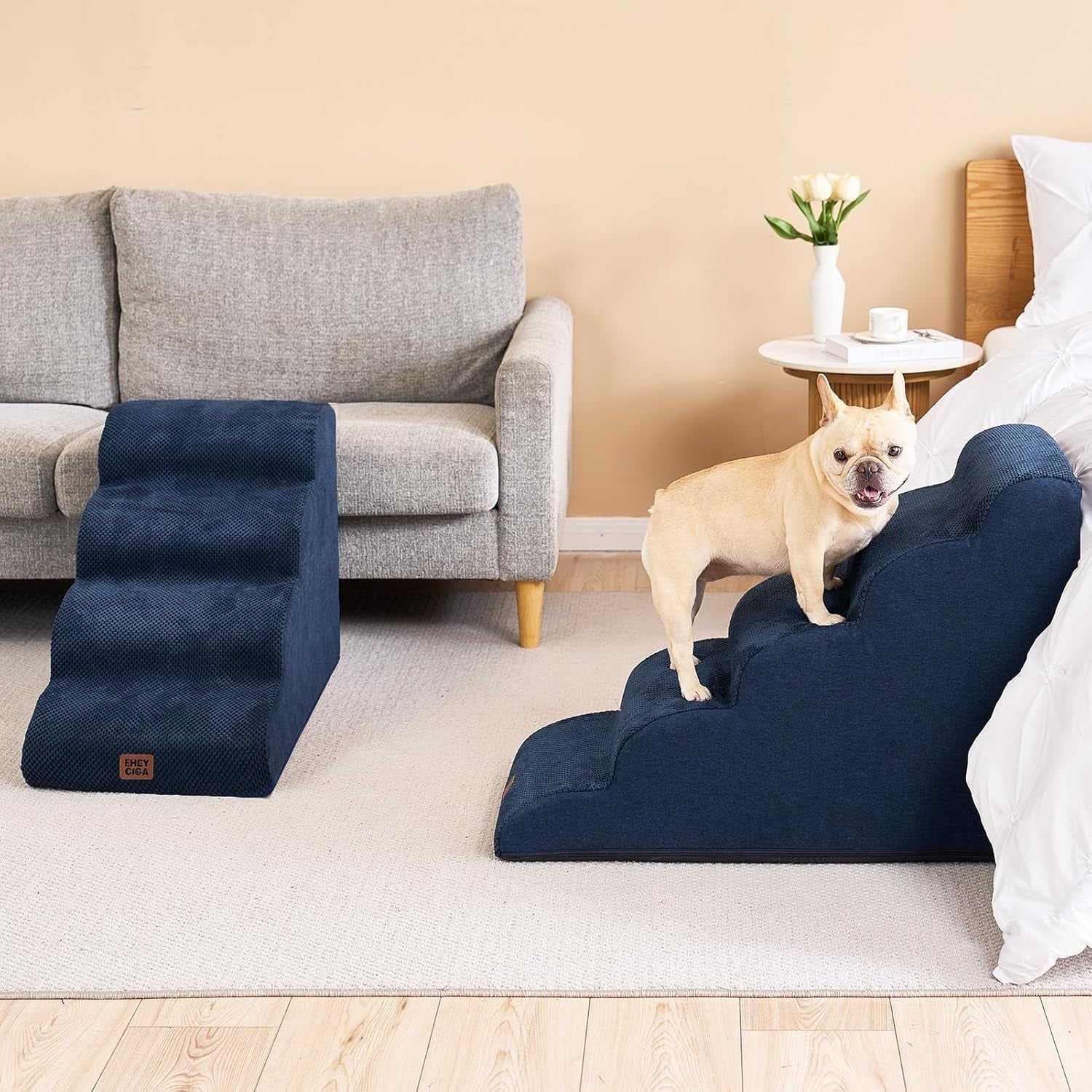 4 Step Dog Stairs for High Bed Non Slip Foam Pet Steps Navy
