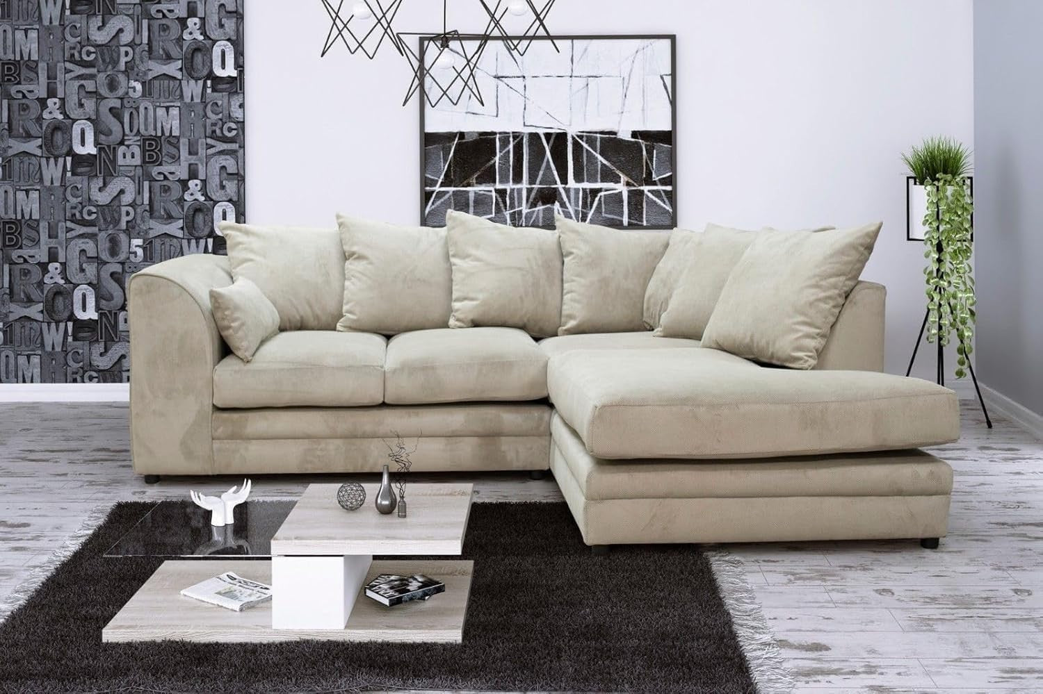 Cream L-Shaped 3+2 Seater Corner Sofa - Plush Fabric Modular Couch (Right Hand)