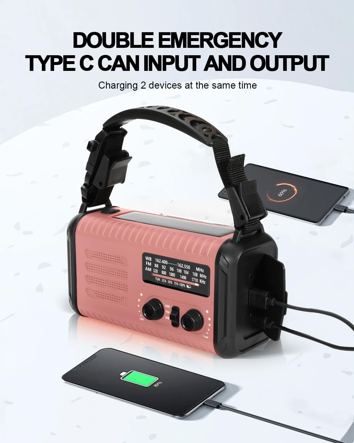 Wind Up Pink Solar Emergency Radio with 20000mAh Battery, AM/FM & Flashlight