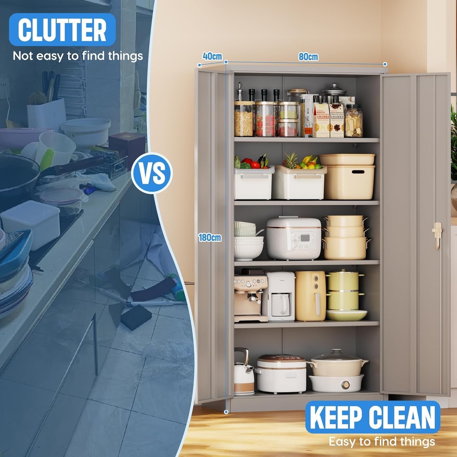 Lockable Metal Storage Cabinet 2 Doors 2 Adjustable Shelves 180cm