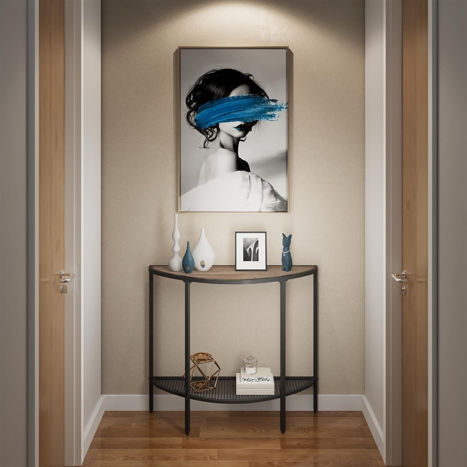 Slim Half Moon Console Table Grey with Shelf, Narrow Entryway Hall Table