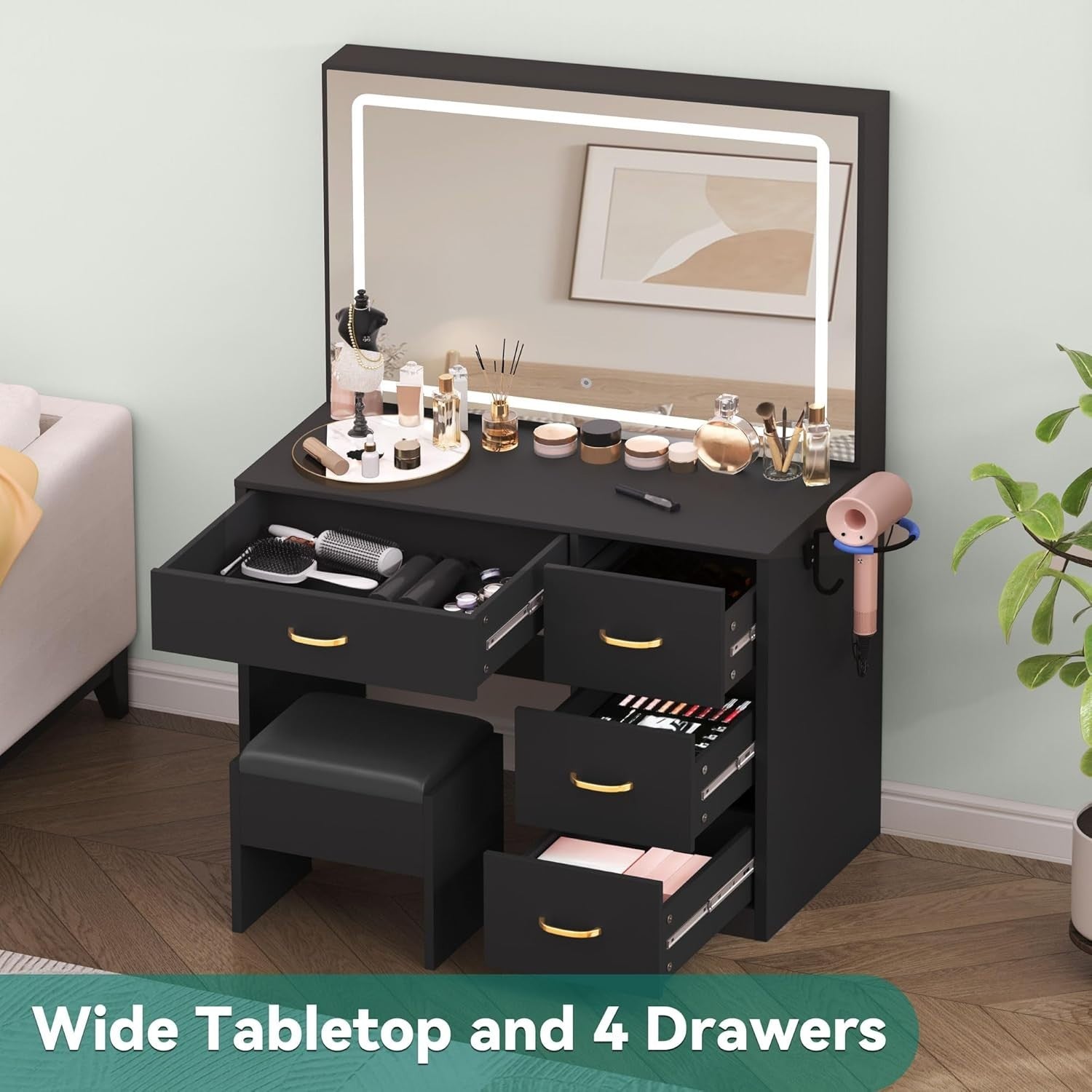Vanity Makeup Dressing Table w/ Mirror & Lights, Charging Station, 4 Drawers, Bl