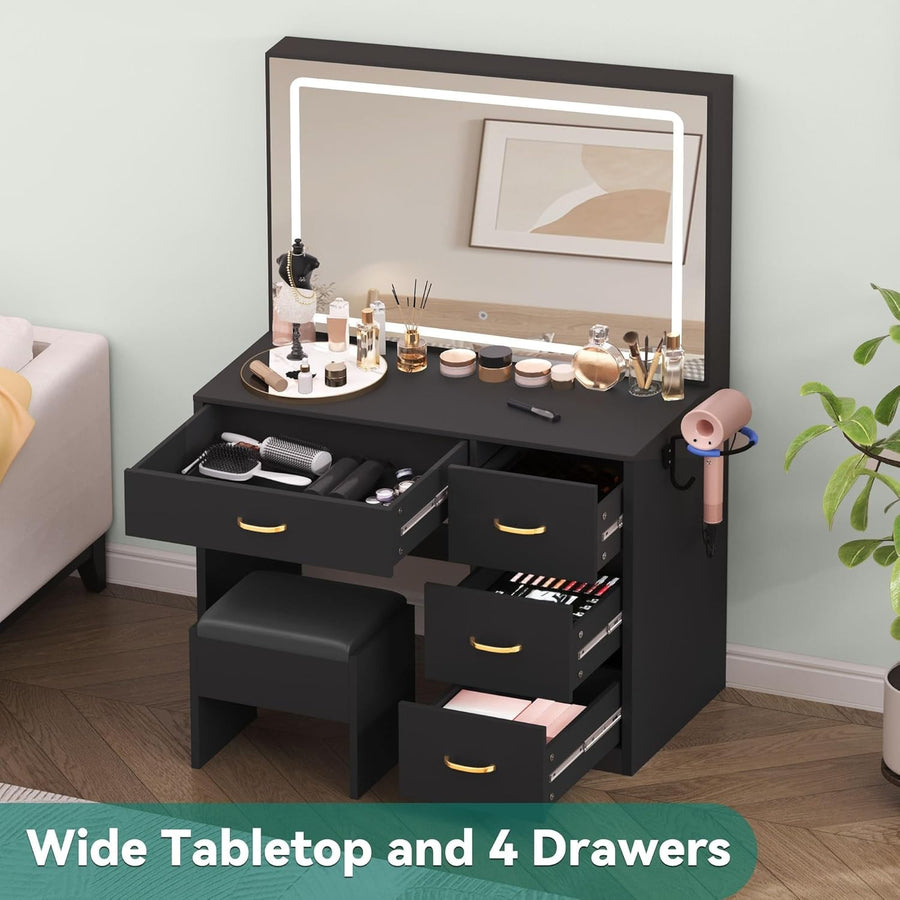 Vanity Makeup Dressing Table w/ Mirror & Lights, Charging Station, 4 Drawers, Bl