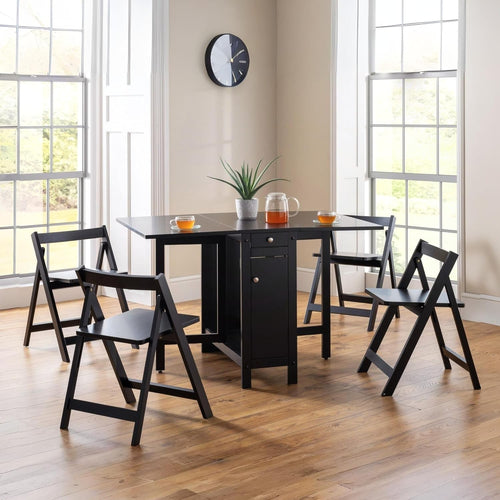 Compact Dining Table Set with Storage Drawer Foldable Chairs Black