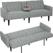 Click Clack Sofa Bed 3 Seater Light Grey Linen Couch w/ Cup Holders