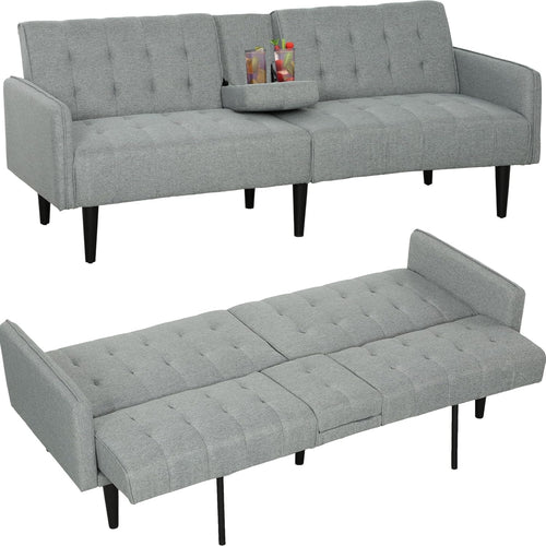Click Clack Sofa Bed 3 Seater Light Grey Linen Couch w/ Cup Holders