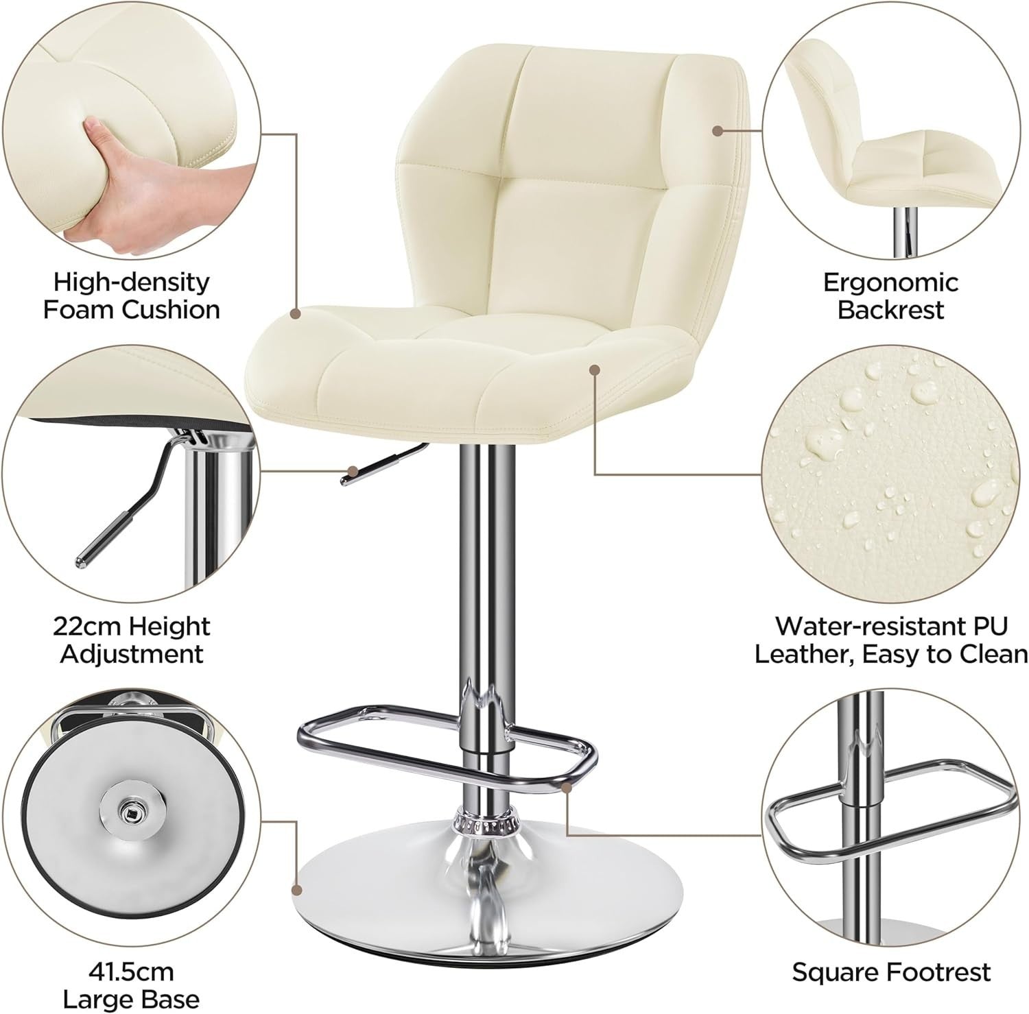 Adjustable Swivel Bar Stools Set of 2 Beige PU Counter Chairs