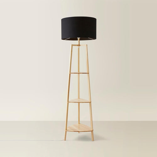 Wooden Floor Lamp with Shelves Storage, Tall Standing Light Black Shade