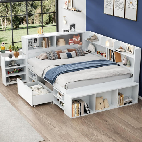 Double Kids Bed with Storage Drawers, Bookshelf & Slatted Frame 135x190cm