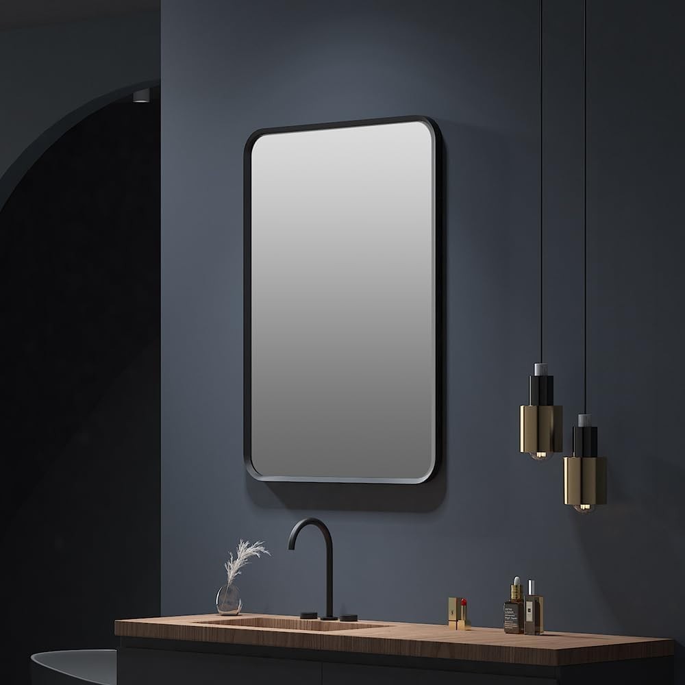 Black 50x70cm Bathroom Wall Mirror with Rounded Corners & Aluminum Frame