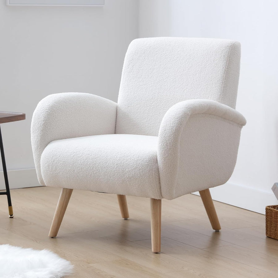 Faux Fur Accent Armchair White Lounge Chair High Back Wood Legs Modern