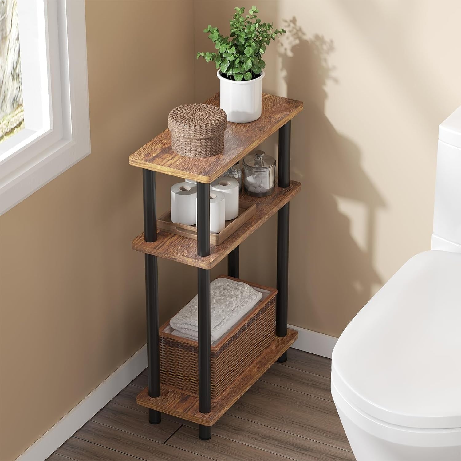 Slim 3-Tier Side Table, Space-Saving Narrow End Table for Bedroom & Living Room
