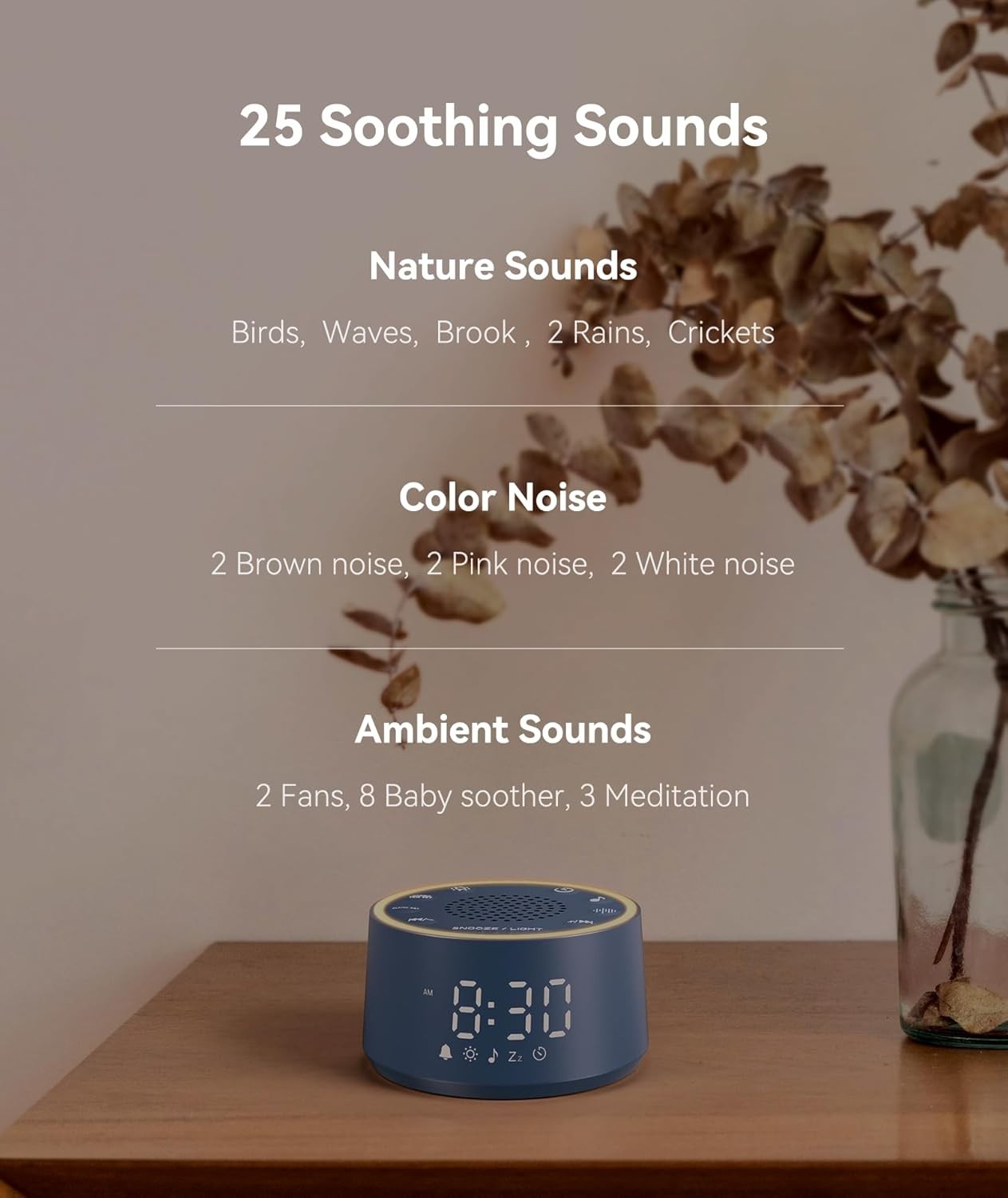White Noise Machine Alarm Clock for Sleep | 25 Soothing Sounds & Night Light