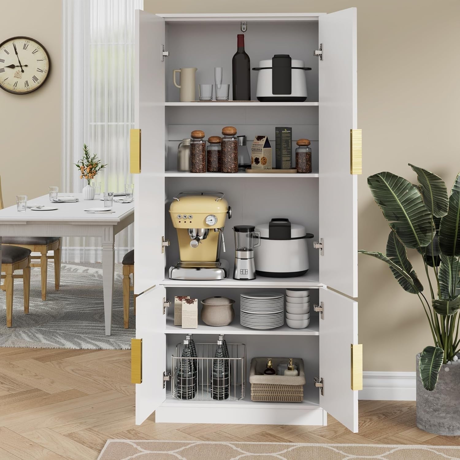 Tall Kitchen Cupboard White 4-Door Buffet Cabinet Storage Unit