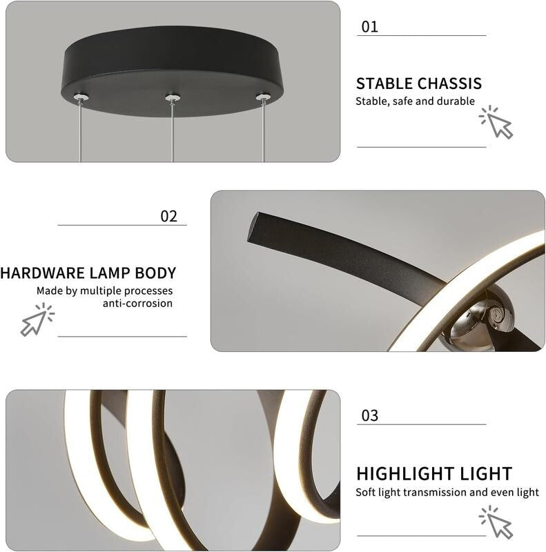 Modern LED Pendant Chandelier Light Remote Control 2 Strip 38W Black