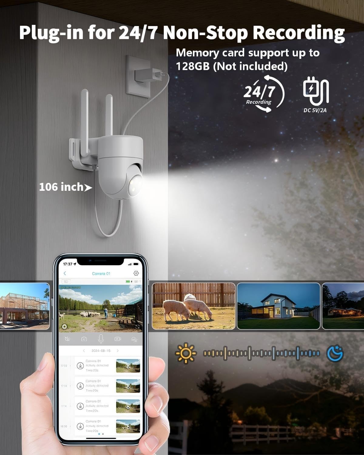 4G LTE Security Camera Outdoor 2K PTZ CCTV SIM Card 24/7 Recording