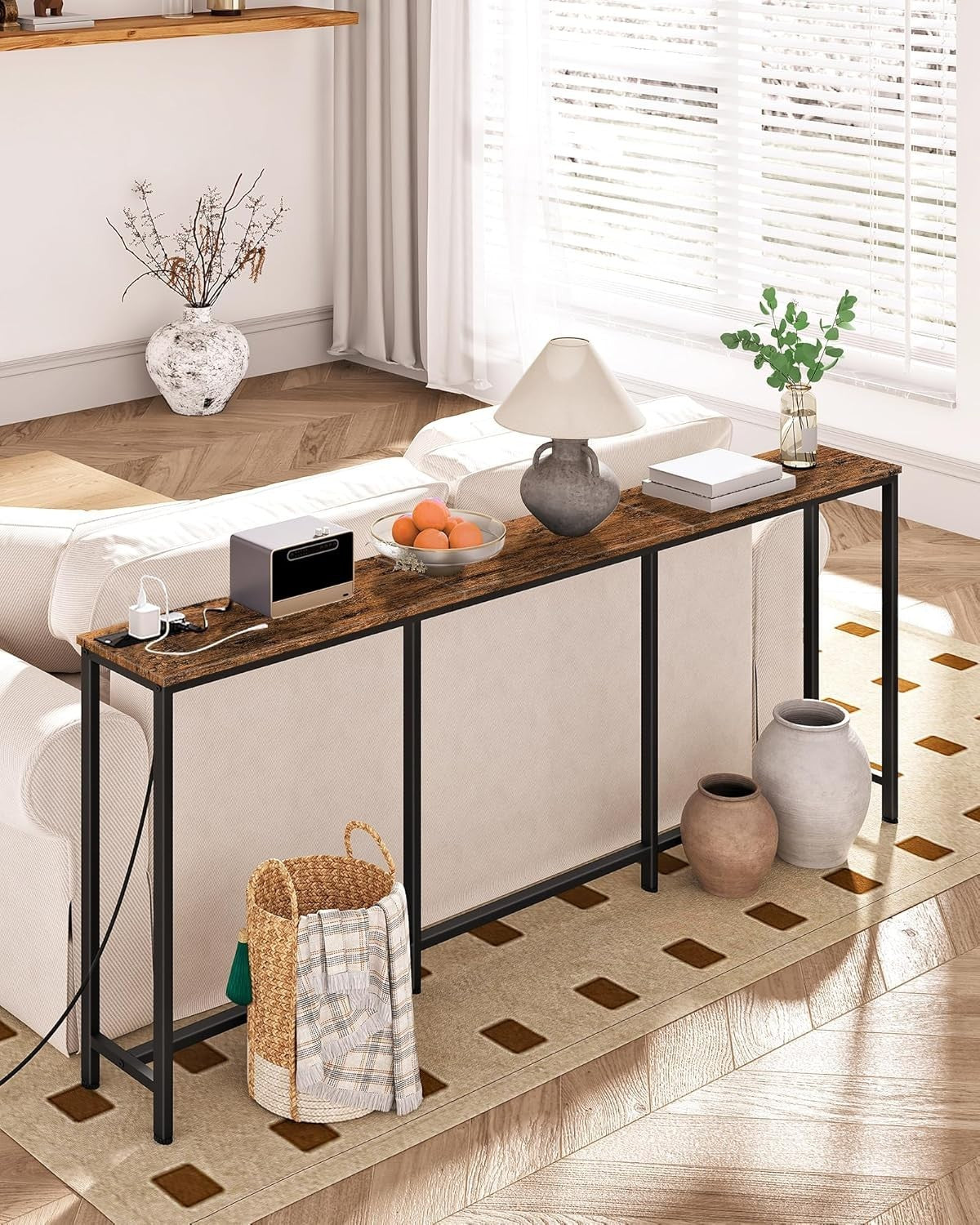 Slim Narrow Console Table with Power Outlet & USB Ports, 180x18x82 cm