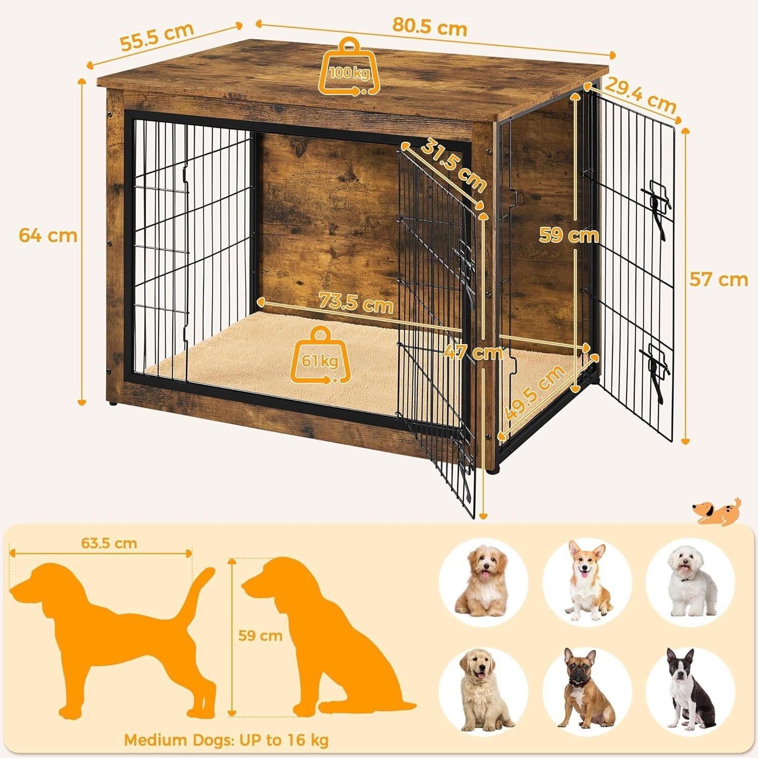 Rustic Brown Medium Dog Crate Furniture with Cushion & Double Doors 80.5x55.5x64
