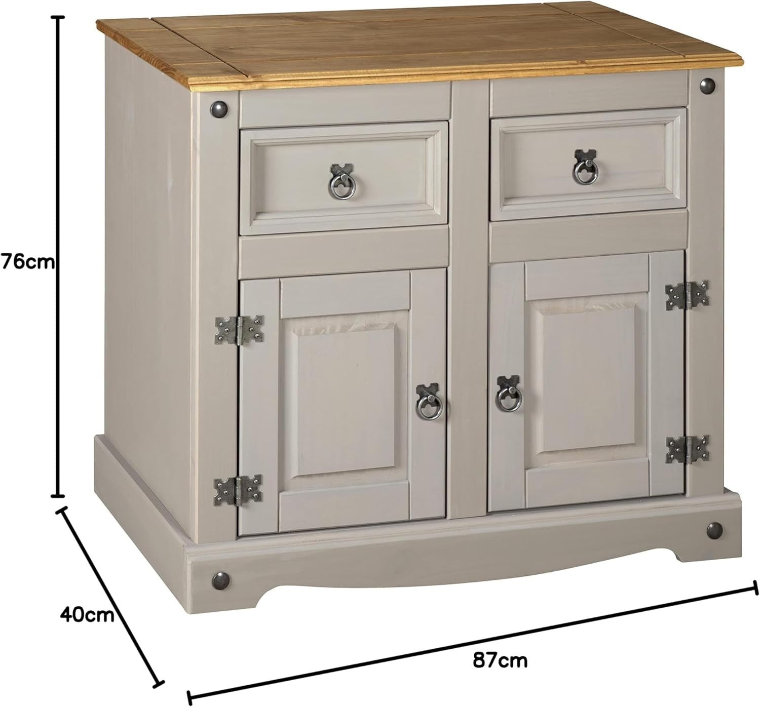 Rustic Grey Pine Sideboard Cabinet with 2 Drawers & Doors Storage Cupboard