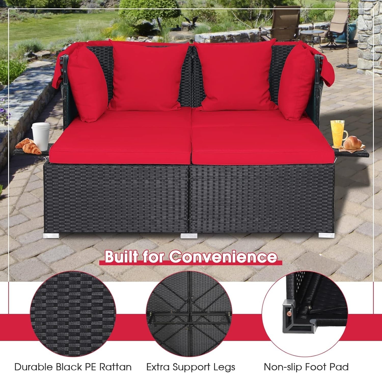 2 Seater Rattan Sunbed with Canopy & Folding Tables, Outdoor Recliner Sofa