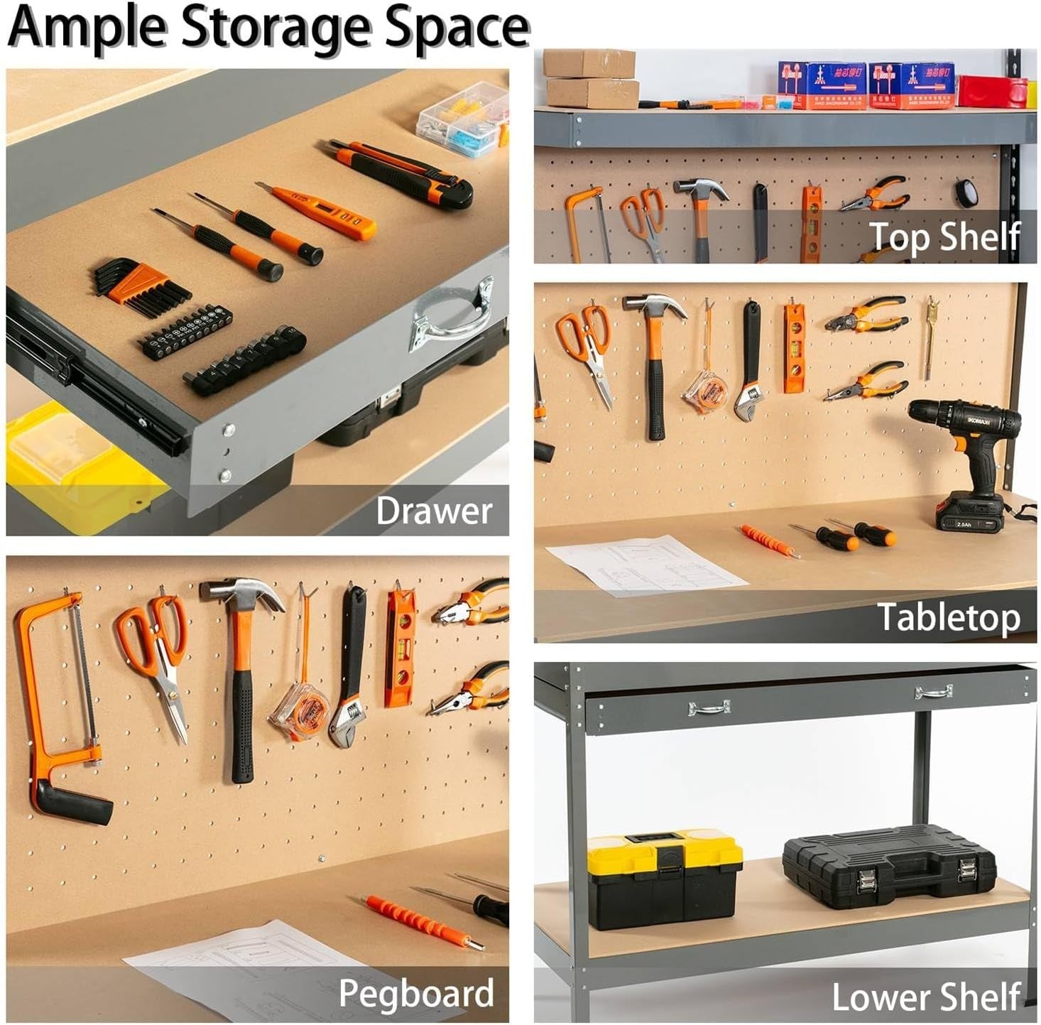 Grey Steel Garage Workbench Tool Station w/ Drawer Pegboard Shelf DIY Storage