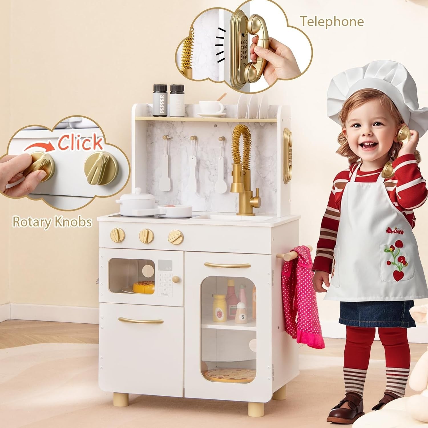 Wooden Kids Play Kitchen White Toy Set Microwave Oven Telephone
