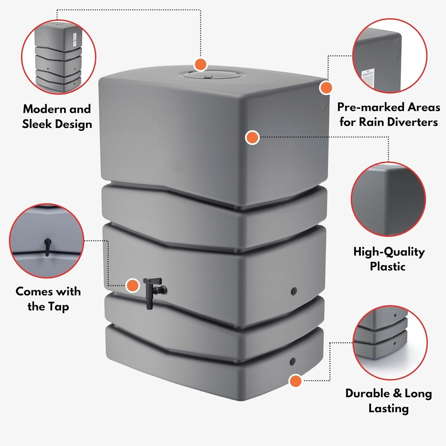 450L Tower Rainwater Butt With Tap Removable Lid & Diverter Grey
