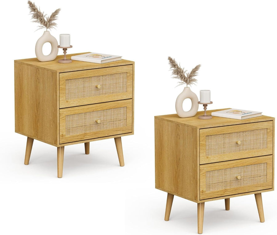 Set of 2 Rattan Bedside Tables – Scandi Boho 2 Drawer Wooden Nightstands