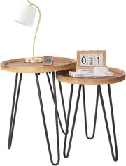 Round Wood Nesting Coffee Table Set of 2 End Side Tables Metal Frame Natural