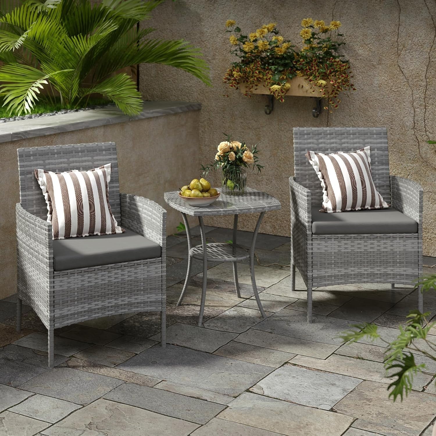 Outdoor Rattan Bistro Set 3PC | Waterproof Cushions | Small Garden Patio