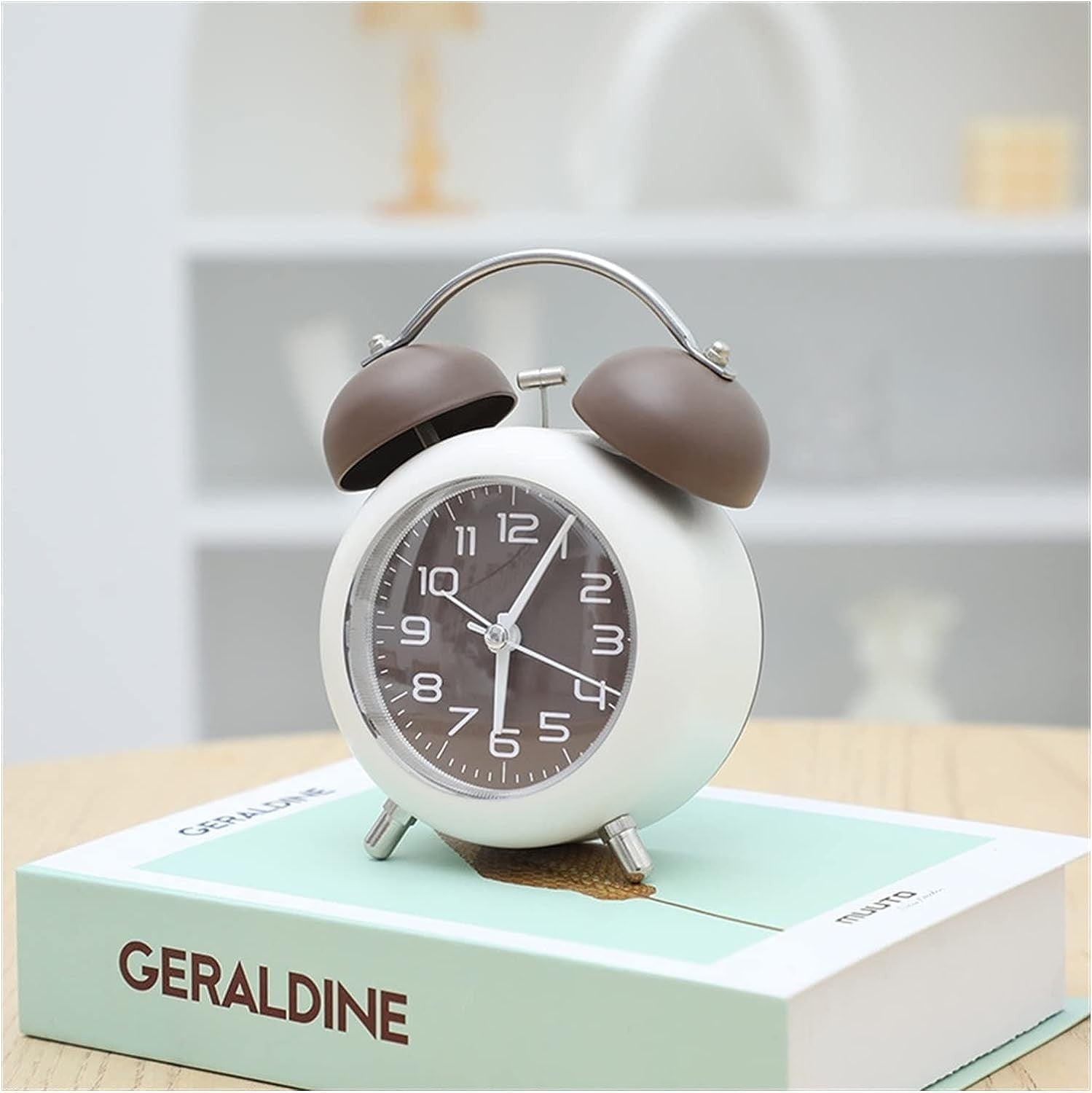 Vintage Twin Bell Alarm Clock Loud Silent Non-Ticking Bedside Brown Cream