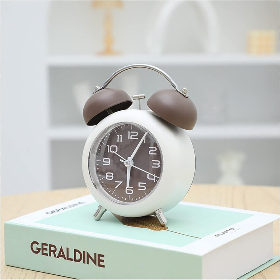 Vintage Twin Bell Alarm Clock Loud Silent Non-Ticking Bedside Brown Cream