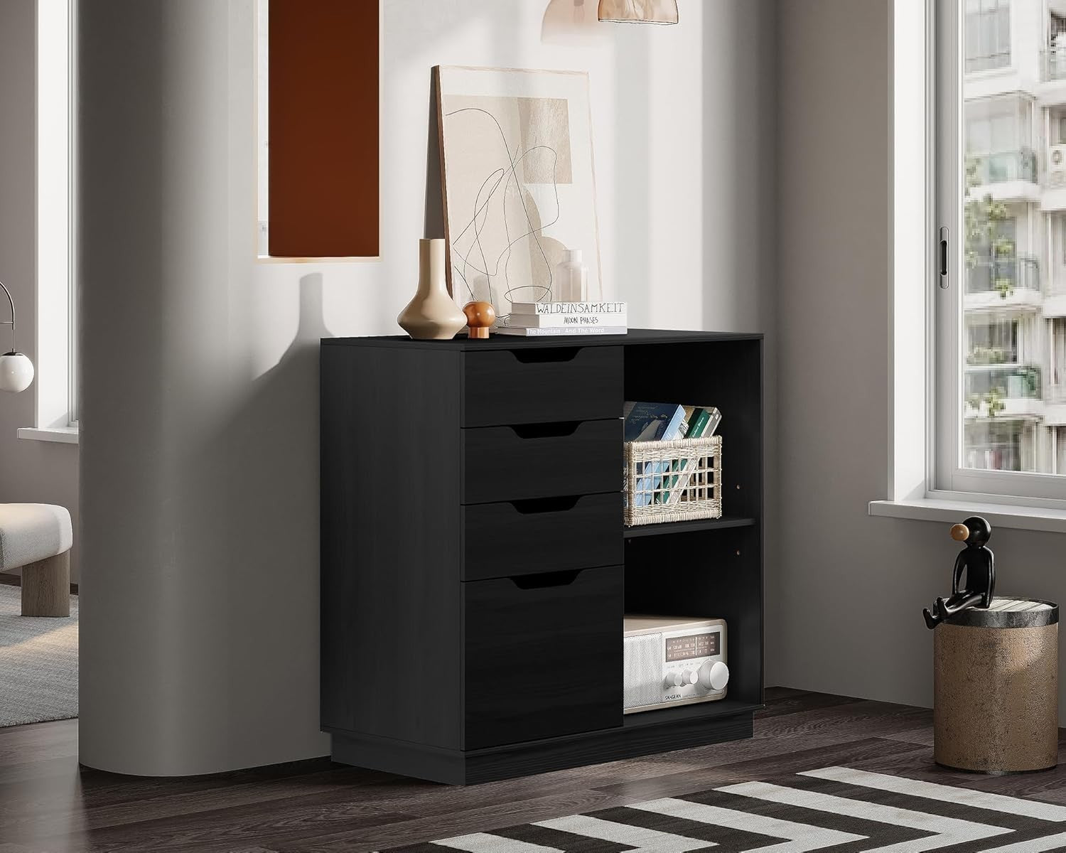 Black 4 Drawer Lateral File Cabinet A4 Letter Printer Stand Storage