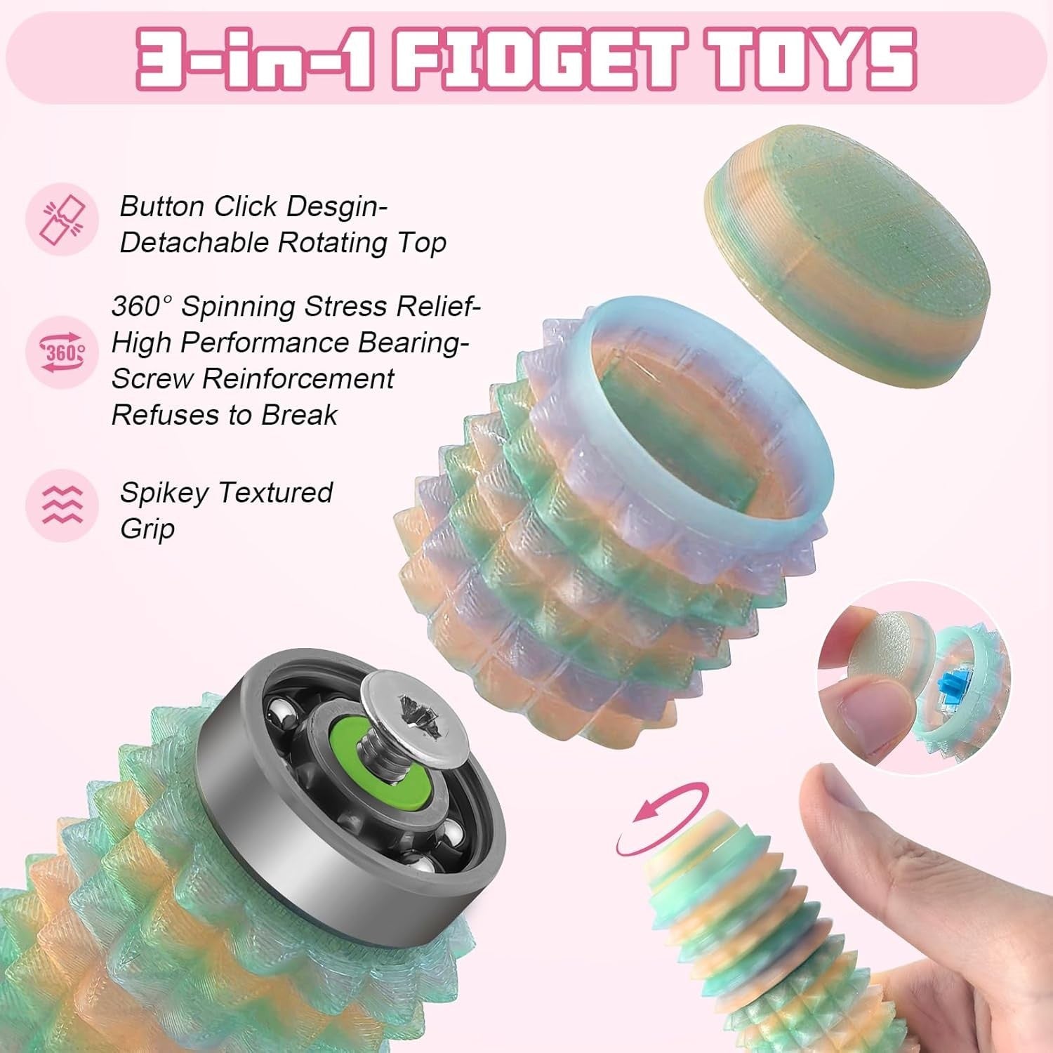 Glow Spiky Fidget Keychain 3-in-1 Spinner Clicker Stress Relief
