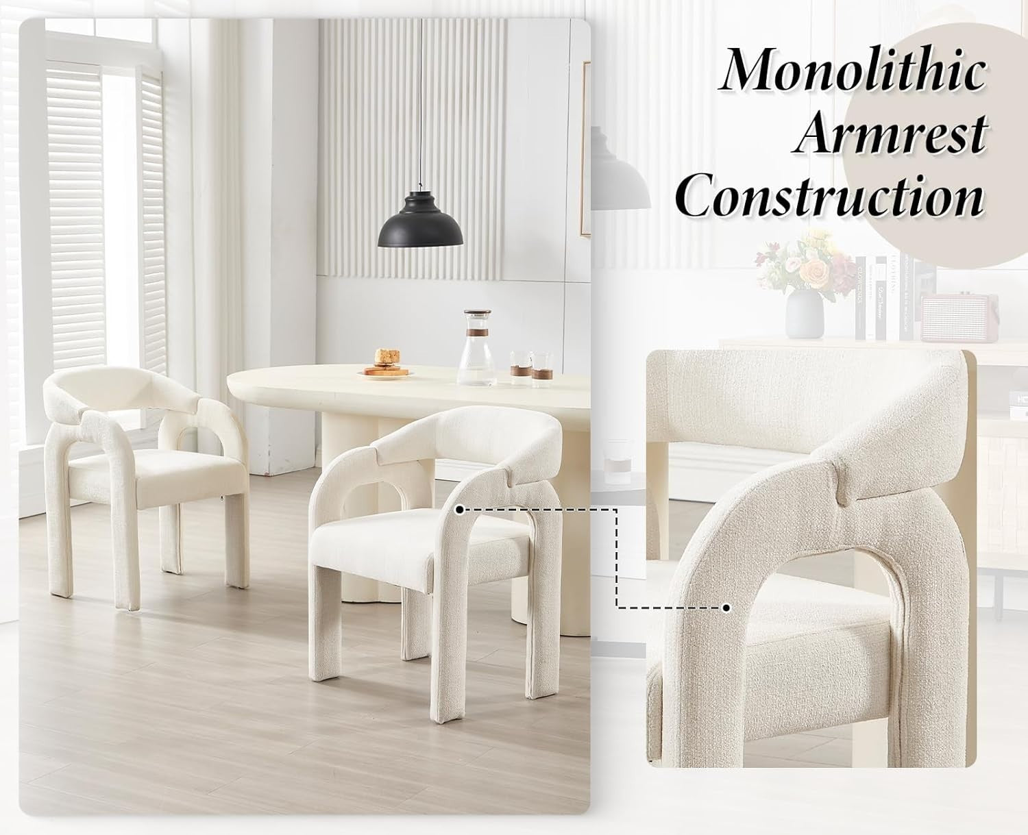 Modern White Dining Chairs Set of 2, Upholstered Armrest Tub Seats