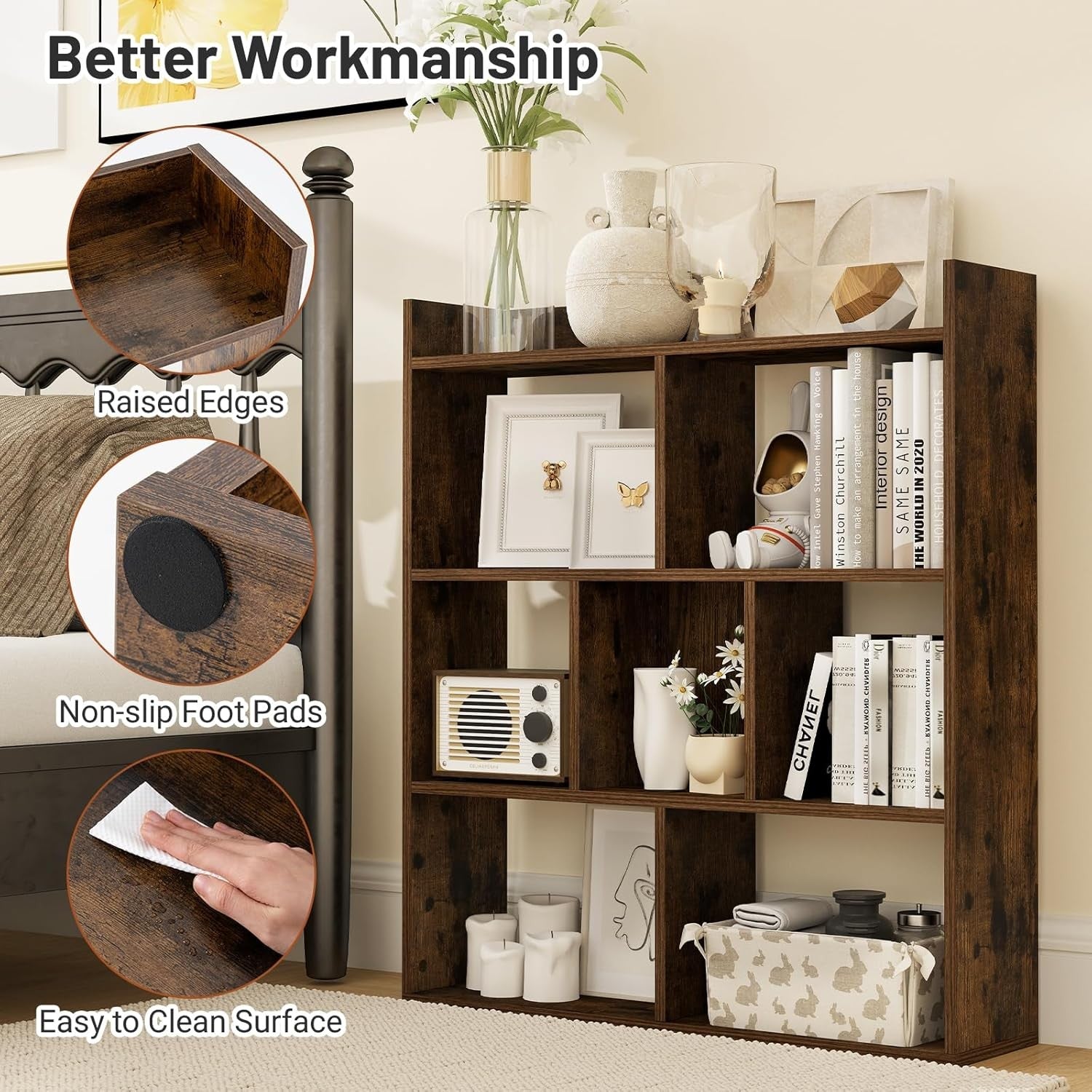 Coffee Brown 7-Cube Bookcase Tall Freestanding Storage Display Shelf 80×20×90cm