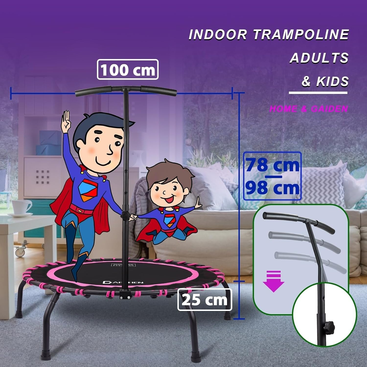 150KG Mini Trampoline Adult Indoor Fitness Rebounder Quiet Bungee 100cm