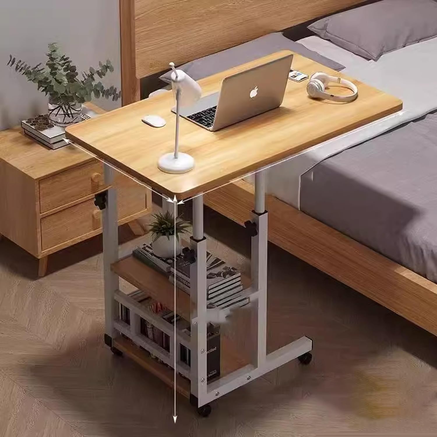Overbed Table with Wheels Adjustable Height Bedside Laptop Desk Storage