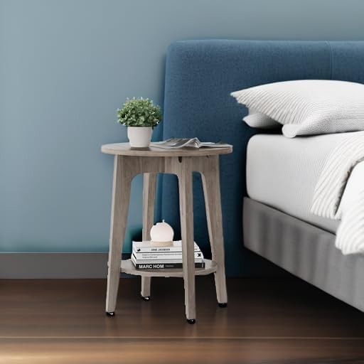 Small Round Side Table with Shelf, Space-Saving Bedside End Table, Wood Look