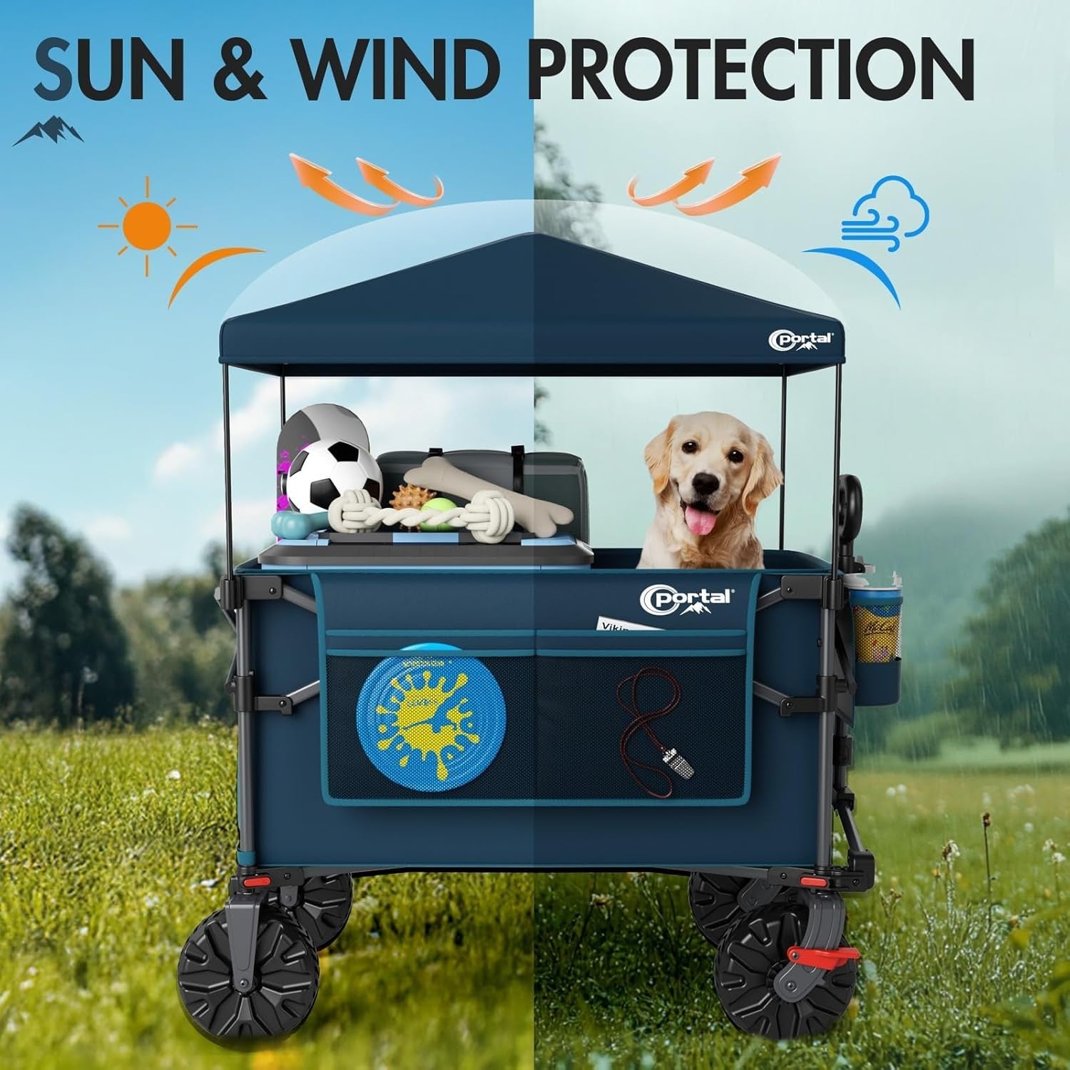 Blue 350L XXL Folding Beach Trolley Heavy Duty Wagon w/ Canopy & Tailgate