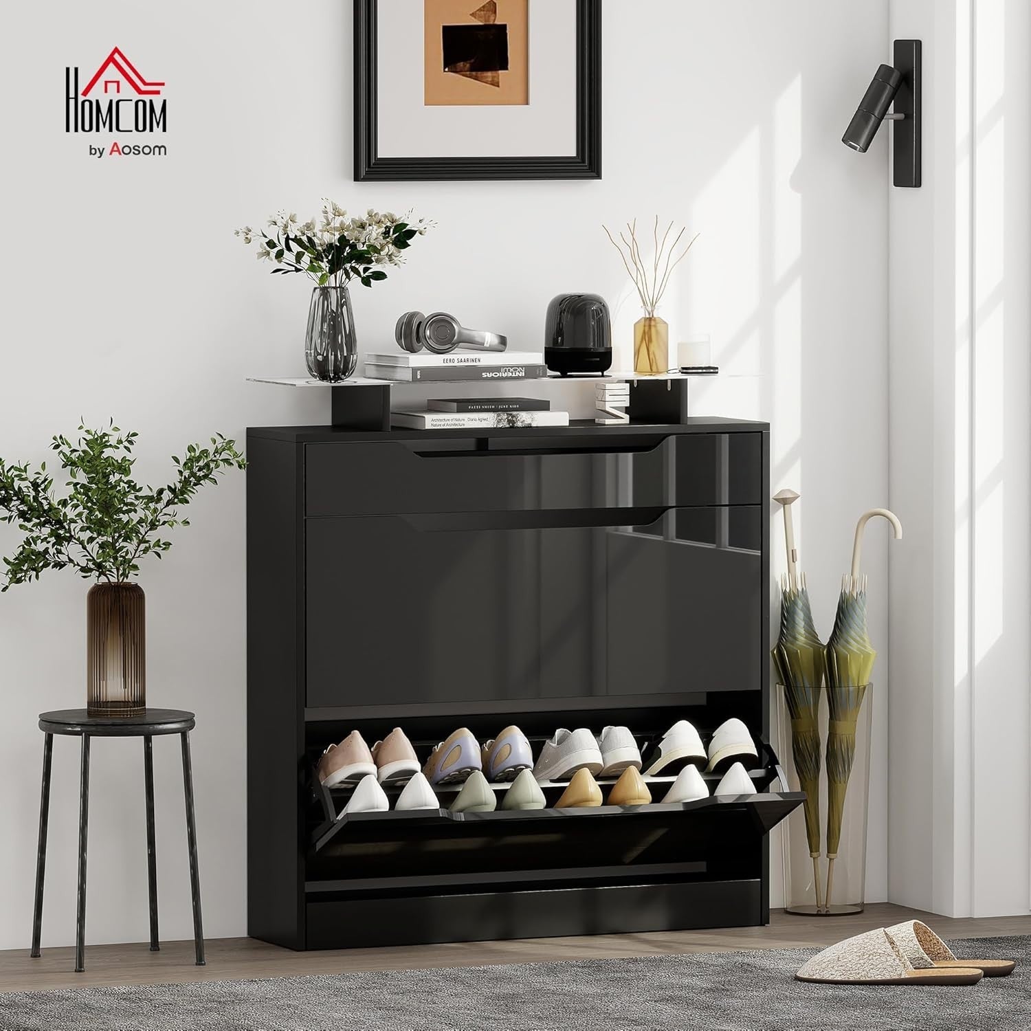 Modern Shoe Storage Cabinet – 2 Flip Doors, Drawer & Glass Top, Holds 16 Pairs
