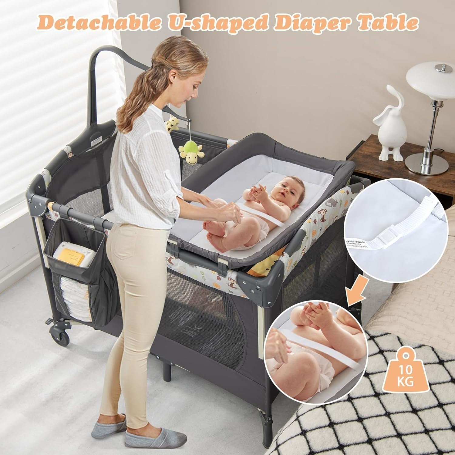 4in1 Travel Cot Baby Bedside Foldable Crib Bassinet Portable Playard Dark Grey