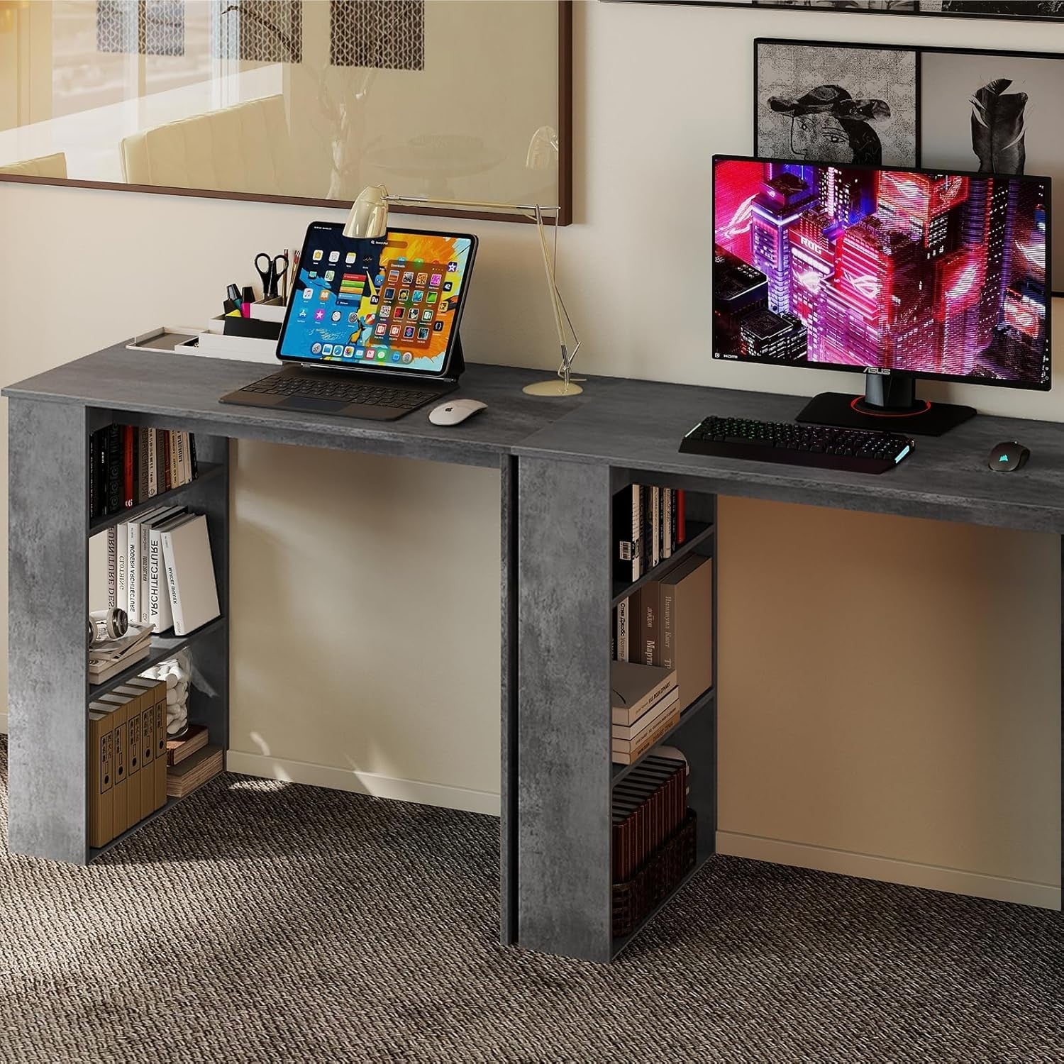Compact Computer Desk with Bookshelf Small Space Home Office Laptop Table Grey